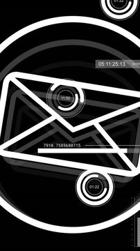Animation of financial data processing and email icon over black background