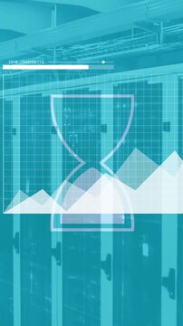 Animation of hourglass icon and financial data processing over computer severs