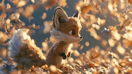 Naklejka premium A friendly fox character enjoys jumping and playing in colorful leaves during autumn in a forest with warm sunlight filling the scene.