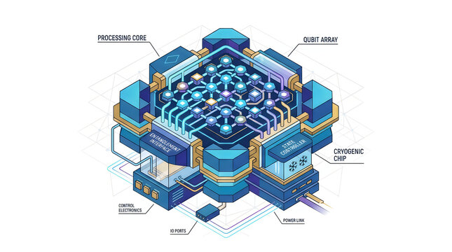 Quantum processor unit 3D isometric illustration with qubit array and processing core mechanism