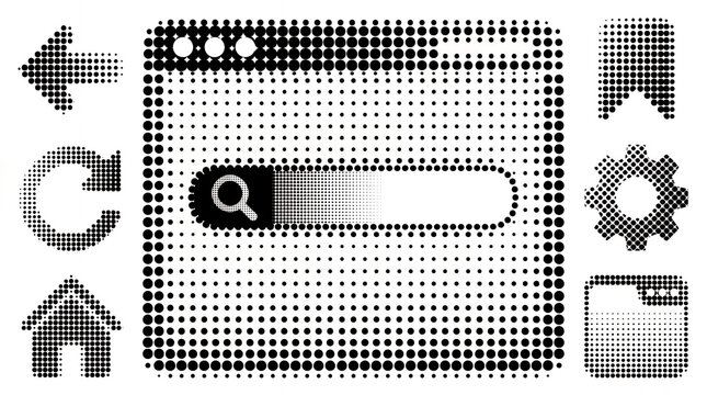 Halftone browser window icon with navigation elements and search bar rendered in black dots for digital interface design.