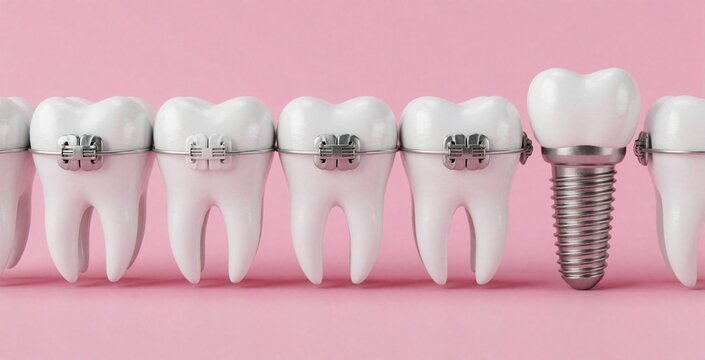 Row of white teeth models showing metal braces and one dental implant screw. Pink background highlights orthodontic dental care concepts for healthy smiles.