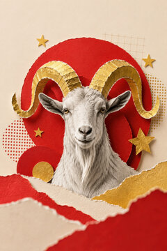 Chinese zodiac year of the goat 2027 paper collage art illustration featuring goat with gold horns and red festive elements