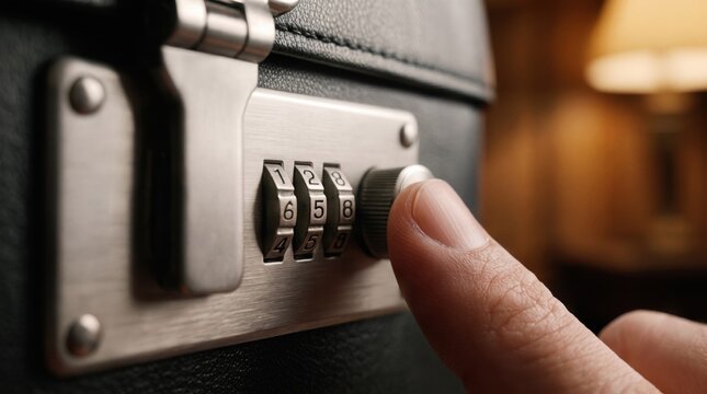 Hand turning a combination lock dial on a metal safe or drawer, close-up security action and mechanism, lock operation, security detail, safe access.
