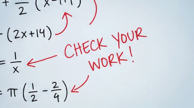 Math equations and notes on a whiteboard with red marker text "CHECK YOUR WORK!", classroom or tutoring reminder for students, math study, classroom instruction, learning.