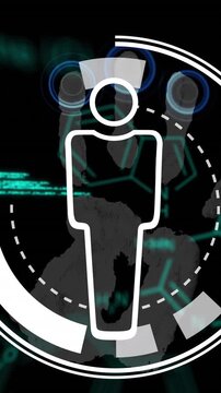 Animation of man icon and circle over data processing on black background