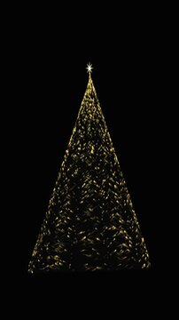 Abstract golden christmas tree outline made of glowing light particles with a bright star topper for holiday design background motion, animation, loop, video