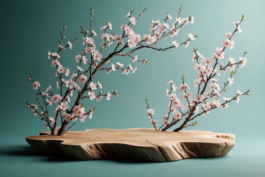Wooden podium displays blooming cherry branches. Soft pink flowers on tree limbs contrast with teal backdrop. Natural wood slice serves as display stand.