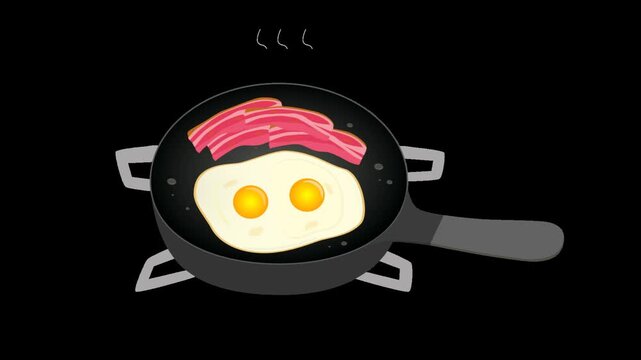 2D animation of double sunny-side-up eggs and bacon frying in a pan, with bubbling hot oil and steam. Seamless loop on transparent background.
