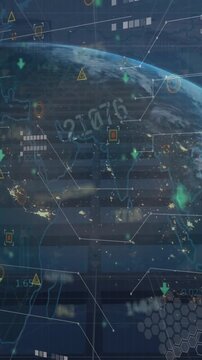 Animation of financial data processing with globe and world map over cityscape