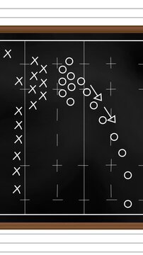 Animation of football game strategy drawn on black chalkboard against white lined paper background