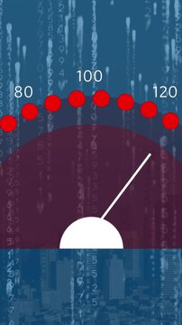 Animation of speedometer and binary coding against aerial view of cityscape