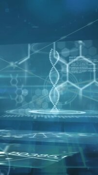 Animation of network of connections against screens with medical data processing on blue background