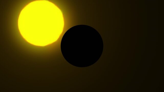Abstract solar eclipse animation featuring a stationary dark moon silhouette in front of a glowing Sun, creating a dramatic celestial effect with golden light and atmospheric glow