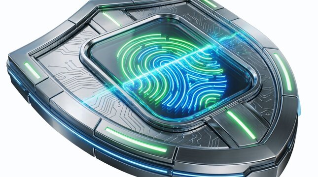 3D biometric security icon featuring a glowing fingerprint scanner encased in a futuristic frame