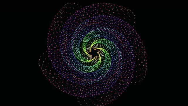 Abstract colorful spiral pattern made of glowing dotted particles creating a dynamic vortex effect for modern digital art backgrounds motion, animation, loop, video