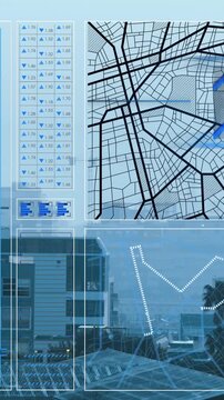 Animation of interface with data processing against aerial view of cityscape