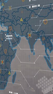 Animation of world map and data processing against aerial view of cityscape