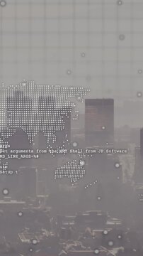 Animation of data processing and globe over cityscape