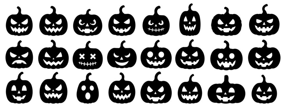 Collection of spooky Halloween pumpkin faces with different scary, creepy and funny expressions. Black silhouette jack o lantern icons isolated on transparent background for seasonal designs