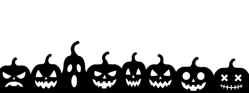 Halloween pumpkin border with spooky jack o lantern silhouettes in different expressions. Minimal black vector decoration isolated on transparent background for seasonal designs