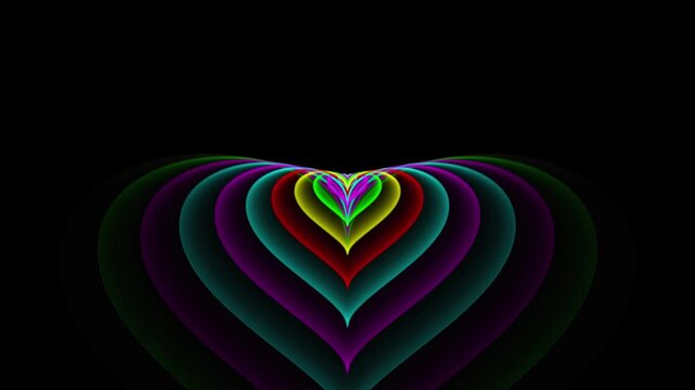 Abstract background featuring colorful glowing heart shapes arranged in a concentric tunnel pattern creating a vibrant light effect motion, animation, loop, video