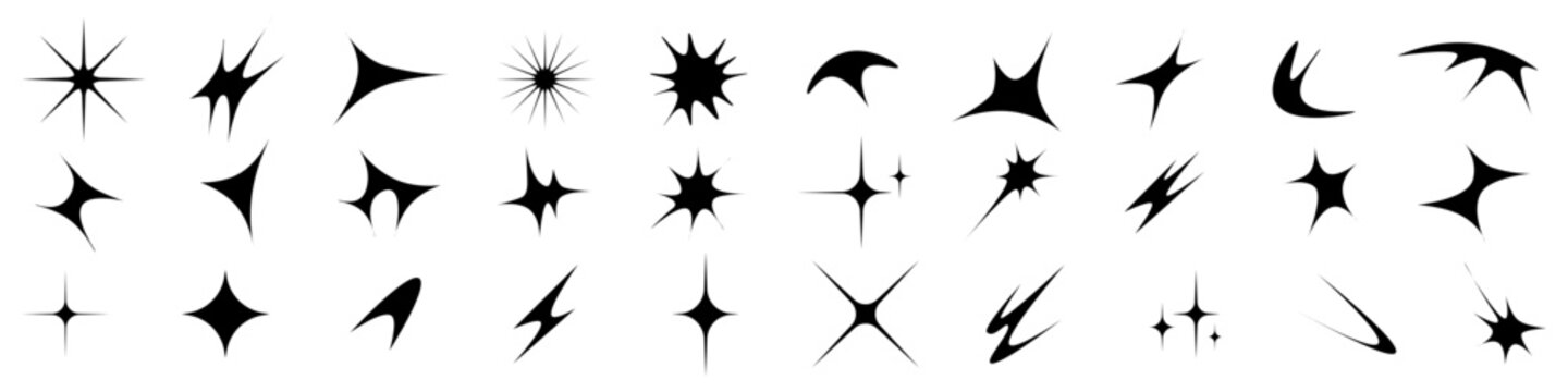 Abstract sparkle and starburst shapes collection with dynamic geometric highlights. Black vector shine icons isolated on transparent background for logos, branding and modern graphic design