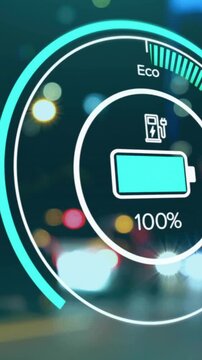 Animation of electric car battery charging and digital data processing overcity lights
