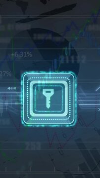 Animation of key icon, digital data processing and circuit board over computer servers