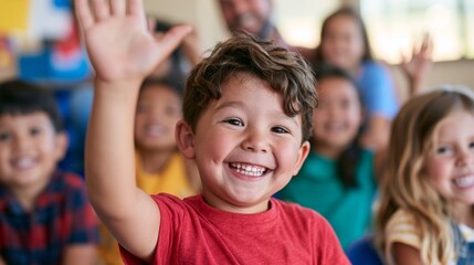 Fototapeta premium Joyful School Scene with a Smiling Boy Waving to the Camera