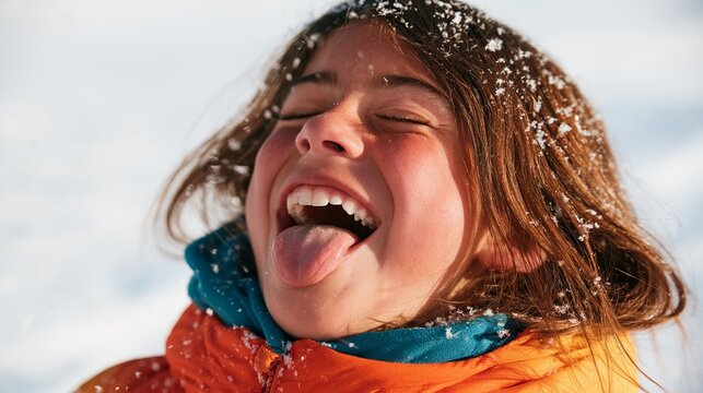 Joyful Girl in Winter Snow with Snowball Effect, Open Mouth, Happy Expression.