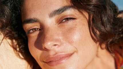 Fototapeta premium Smiling Woman with Glowing Skin in Beach Setting