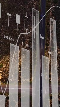 Financial data analysis animation over aerial view of road through landscape