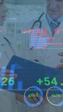 Medical professionals discussing data with financial statistics animation overlaid