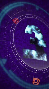 Rotating number 2 with geometric shapes and digital animation on purple background