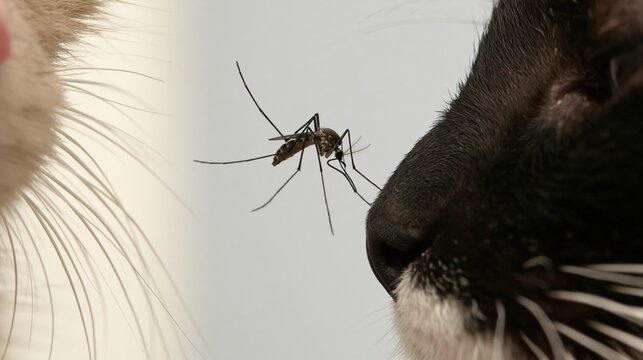 Mosquito suspended between two cat noses in profile view