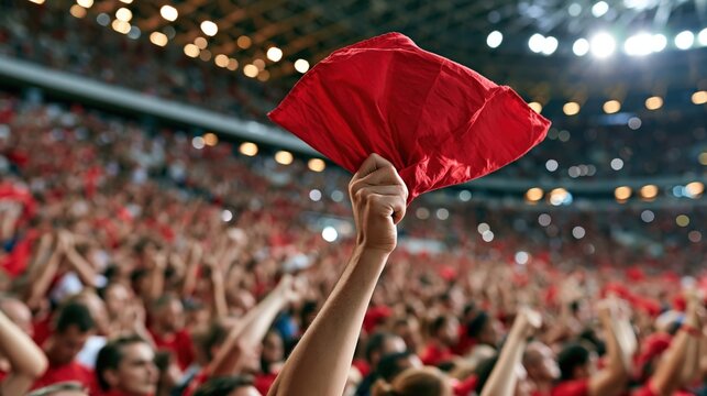 Fan waving red cloth among cheering crowd in full stadium