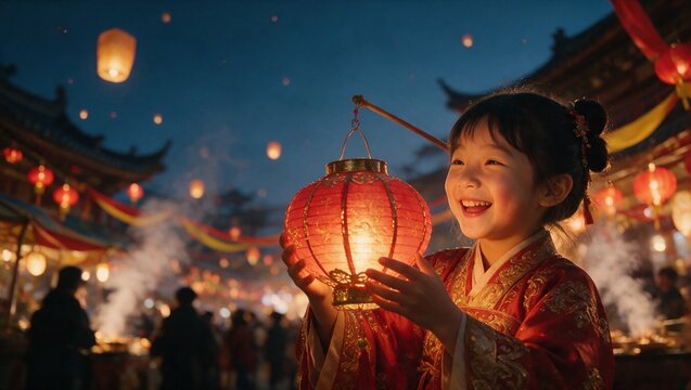 Chinese New Year Girl Hanfu Red Lantern Night Portrait