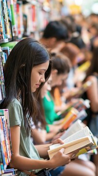 Young girl reading book inside crowded library during study session