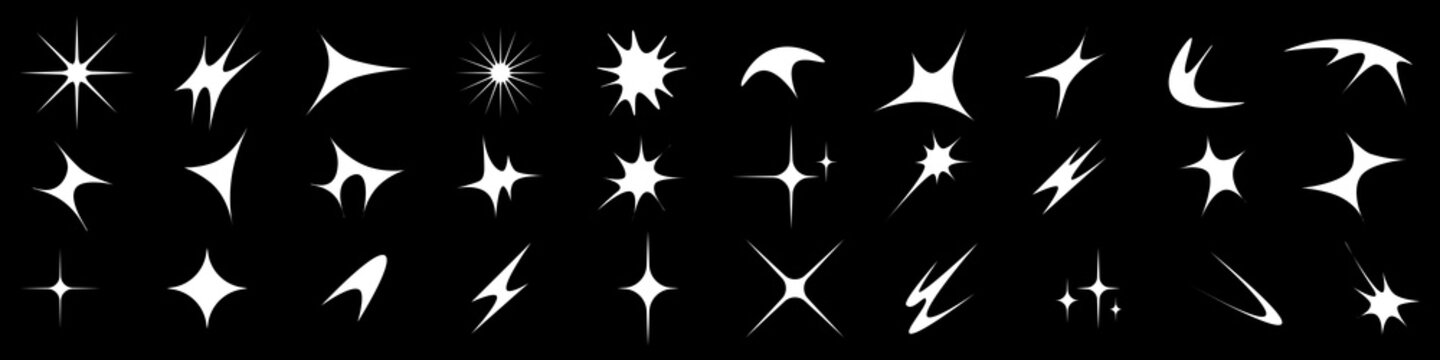 Abstract sparkle and starburst shapes collection with modern glowing highlight symbols. White vector shine icons isolated on black background for branding, logos and graphic design