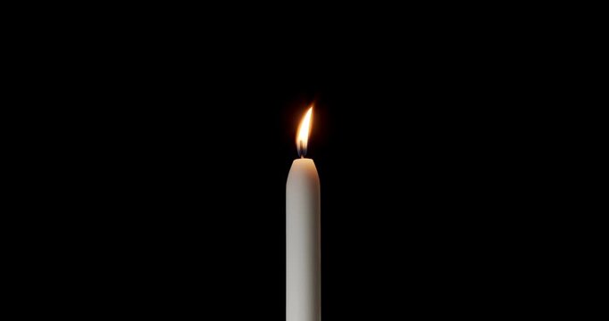 A single candle on a black background. The flame of the candle slowly flickers. One candle slowly flickers, ideal for background or over-layer with blending mode add, screen or lighten.