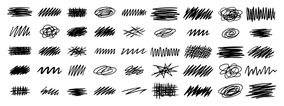 Hand drawn scribble collection with sketch strokes, messy doodles and ink hatch textures. Black vector scribble elements isolated on transparent background for design and highlighting