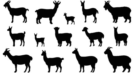 Naklejka premium A pattern of various goat and llama silhouettes in different sizes and poses, arranged in a grid layout on a white background, representing livestock and farm animals