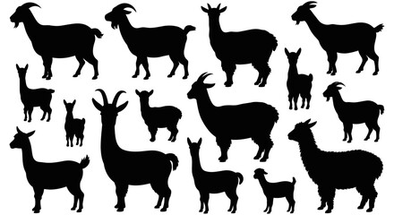 Naklejka premium A diverse collection of goat and llama silhouettes in various poses and sizes, arranged in a scattered composition on a white background, for use in agricultural