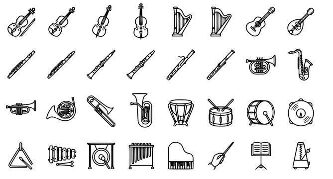 Musical instruments linear icon set with string wind and percussion orchestra equipment