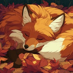 Naklejka premium A fox is resting comfortably in a pile of colorful autumn leaves, surrounded by trees and nature in a quiet forest.