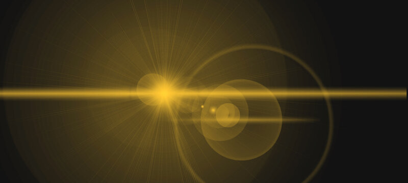 Golden lens flare with light streaks and bokeh circles creating abstract background with vibrant glowing effect and radiant energy emanating from bright starburst center for futuristic design elements