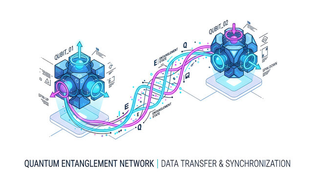 Quantum entanglement network: 3D isometric illustration of qubit data transfer and spin state synchronization