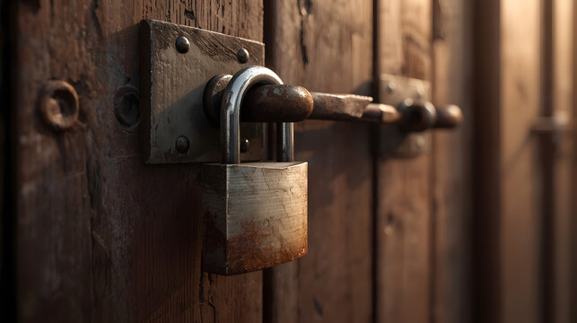 A close-up, detailed view of a rusty padlock securing an old wooden door with a metal latch.