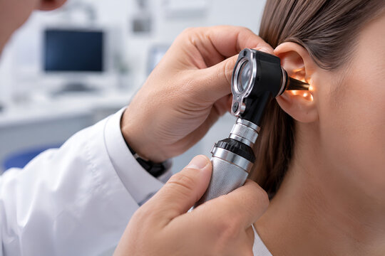 Macro shot of an ENT doctor's hands using a lighted medical otoscope to examine a patient's ear canal